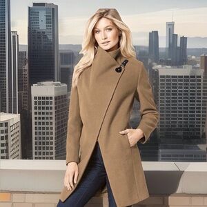 Venus women’s size S (4) asymmetrical wrap high funnel neckline coat. Tan.